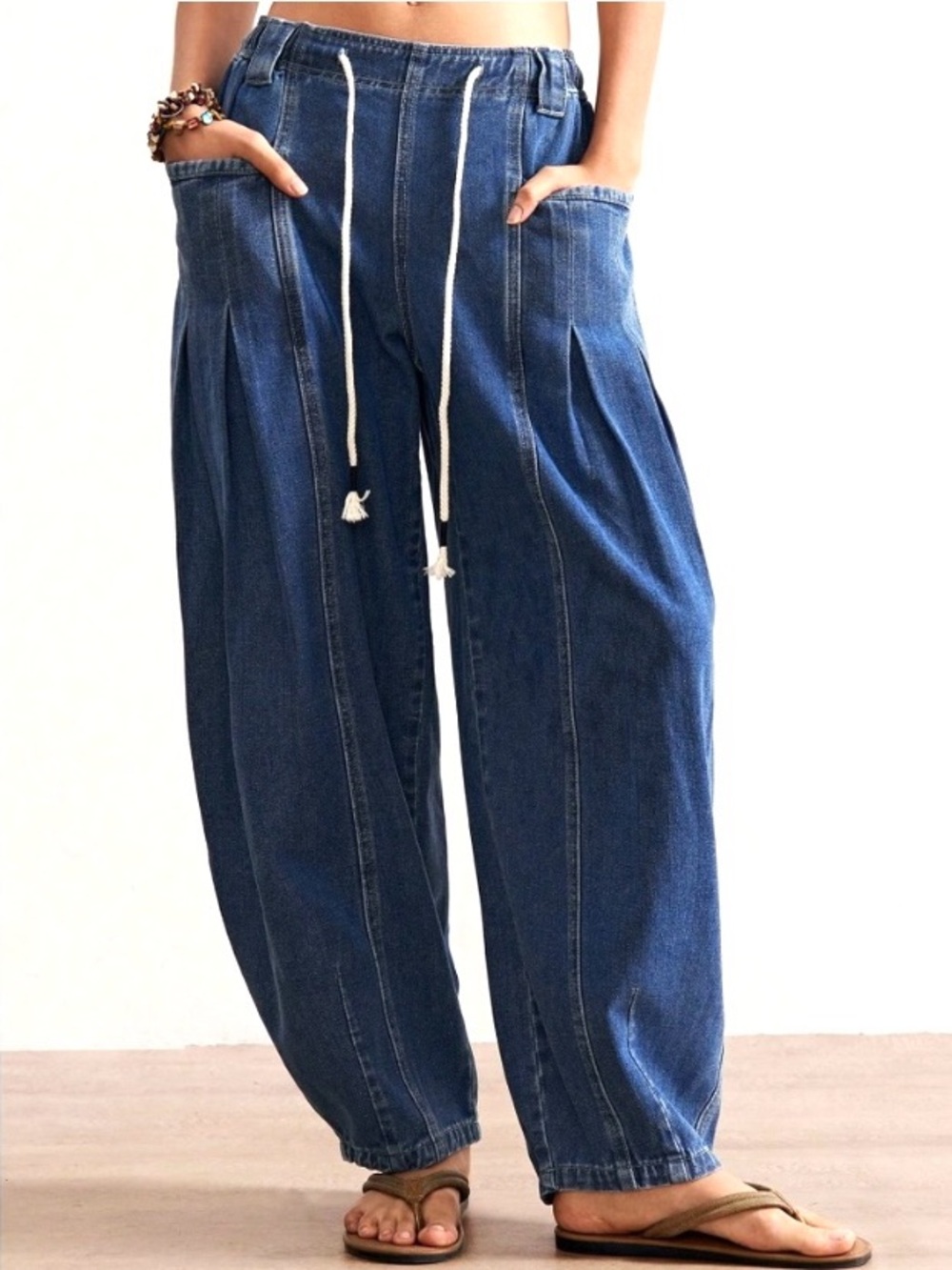 Dark Wash Pleated Slouchy Barrel Denim Pants Drawstring Jeans women’s size M